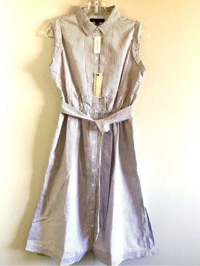 Banana Republic gray and White Striped Midi Shirt Dress